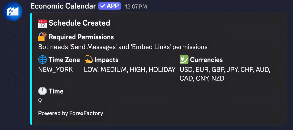 Example of scheduled economic news updates in Discord
